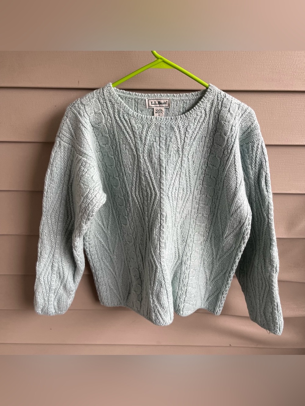 Vintage LL Bean Cable Knit Sweater Women's M 100% Wool Blue Aran Fisherman Cabin